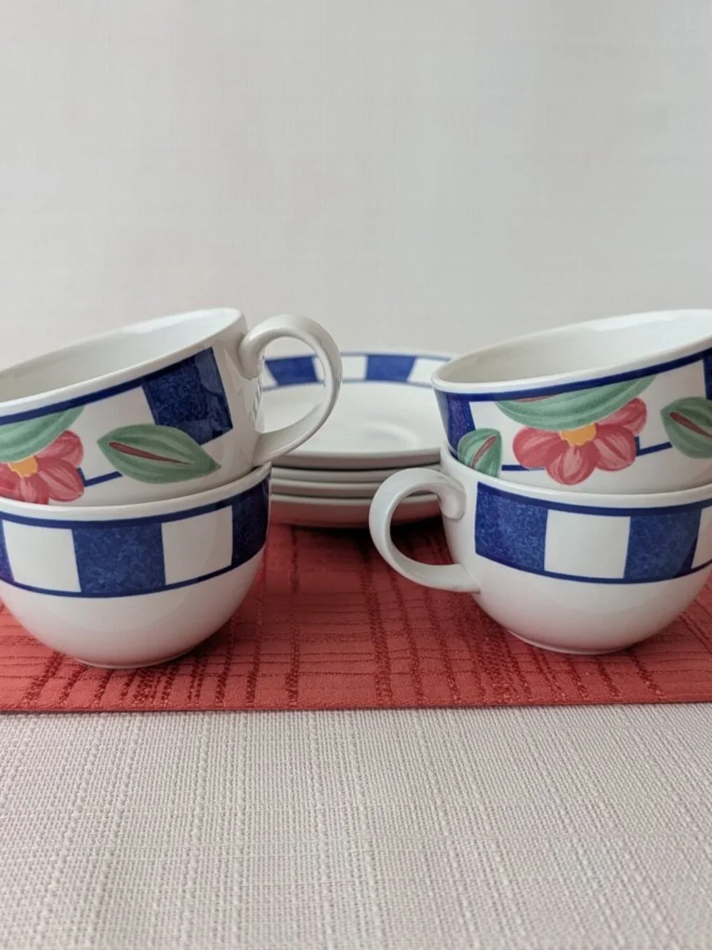 1990s Johnson Brothers Hopscotch Blue 4 Coffee Cups & Matching Saucers